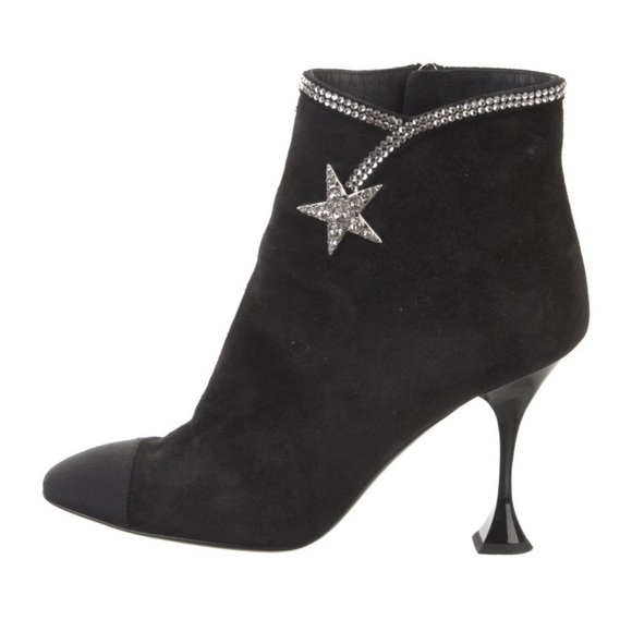 CHANEL Shoes - CHANEL Black Black Suede Ankle Boots with Silver Crystal Star